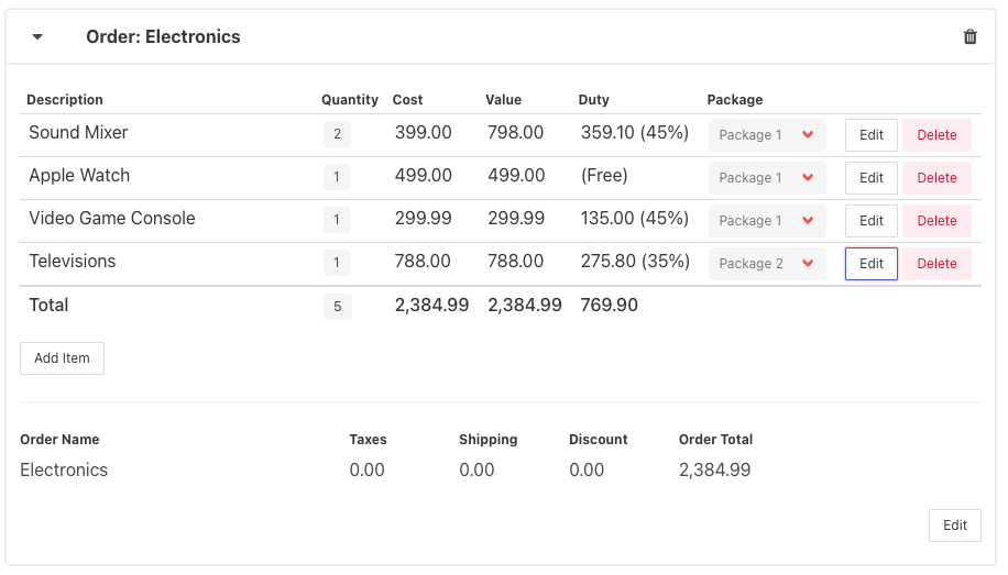 Screenshot of import calculator with multiple items.