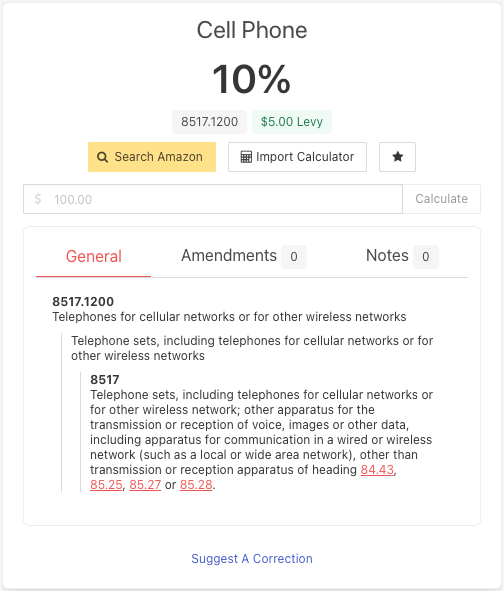 Screenshot of duty rate for cell phone including tariff code and environmental levy.