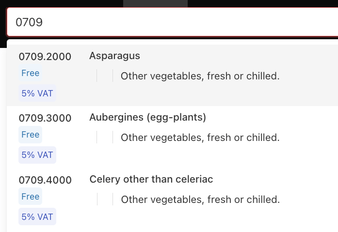 Screenshot of tariff search results.